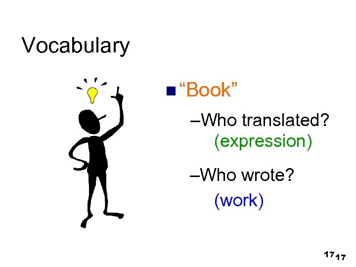 Vocabulary n “Book” –Who translated? (expression) –Who wrote? (work) 17 17 