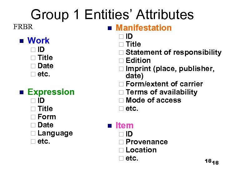 Group 1 Entities’ Attributes FRBR n n Work ¨ ID ¨ Title ¨ Date