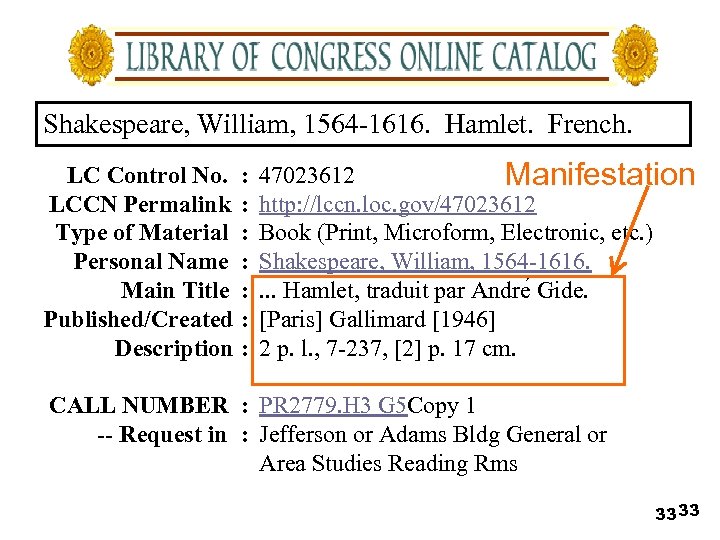 Shakespeare, William, 1564 -1616. Hamlet. French. LC Control No. LCCN Permalink Type of Material