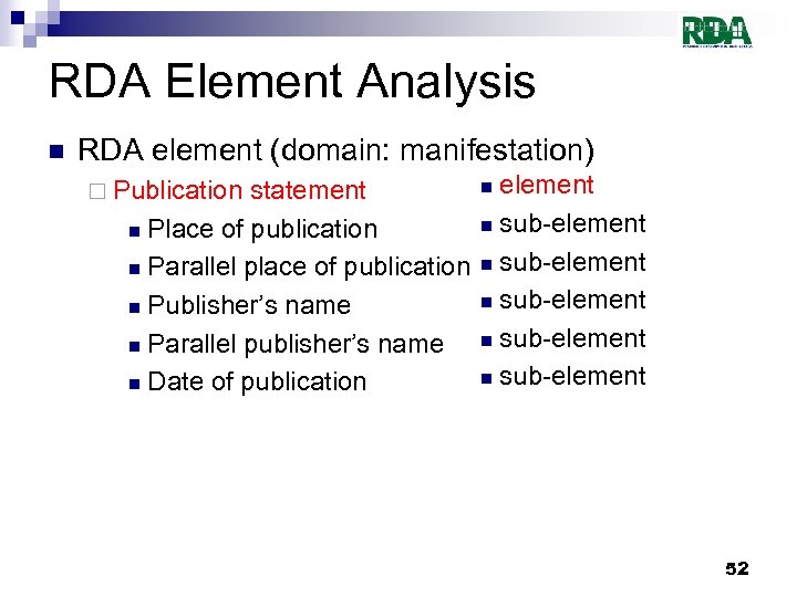 RDA Element Analysis n RDA element (domain: manifestation) ¨ Publication statement n Place of