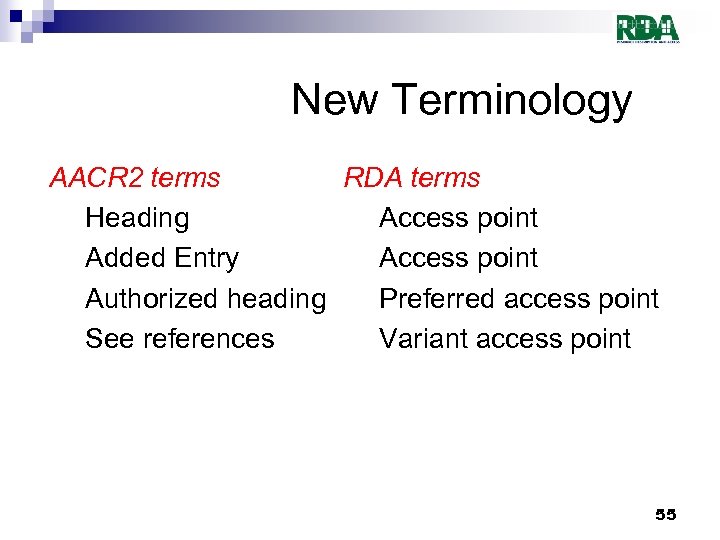 New Terminology AACR 2 terms RDA terms Heading Access point Added Entry Access point