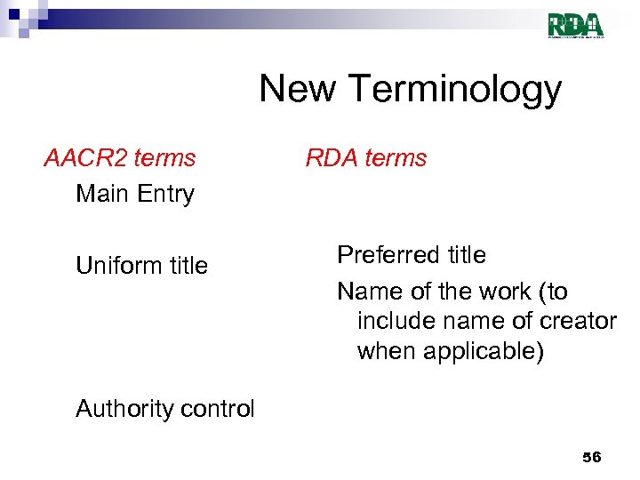 New Terminology AACR 2 terms Main Entry Uniform title RDA terms Preferred title Name