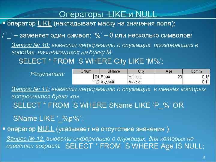 Операторы LIKE и NULL § оператор LIKE (накладывает маску на значения поля); / ‘_’