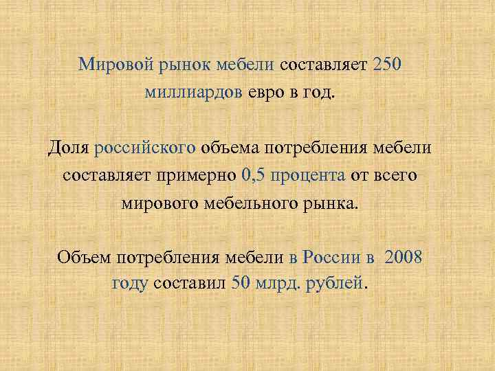 Мировой рынок мебели составляет 250 миллиардов евро в год. Доля российского объема потребления мебели