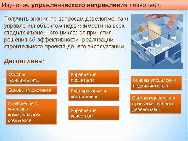 Изучение управленческого направления позволяет: Получить знания по вопросам девелопмента и управления объектом недвижимости на