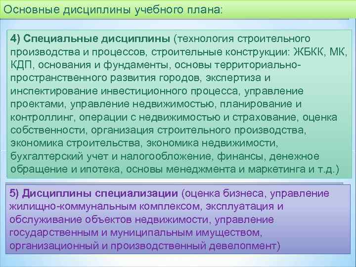 Основные дисциплины учебного плана: 4) Специальные дисциплины (технология строительного производства и процессов, строительные конструкции: