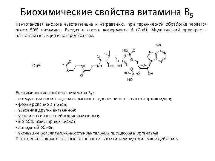 Биохимические свойства витамина B 5 Пантотеновая кислота чувствительна к нагреванию, при термической обработке теряется