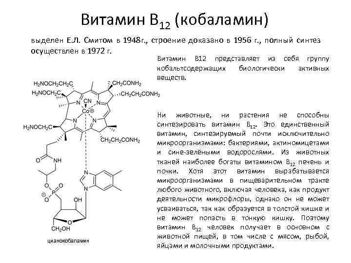 Витамин B 12 (кобаламин) выделен Е. Л. Смитом в 1948 г. , строение доказано