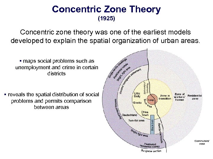 Concentric Zone Theory (1925) Concentric zone theory was one of the earliest models developed