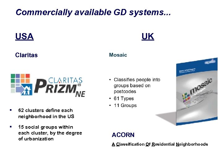 Commercially available GD systems. . . USA UK Claritas § 62 clusters define each