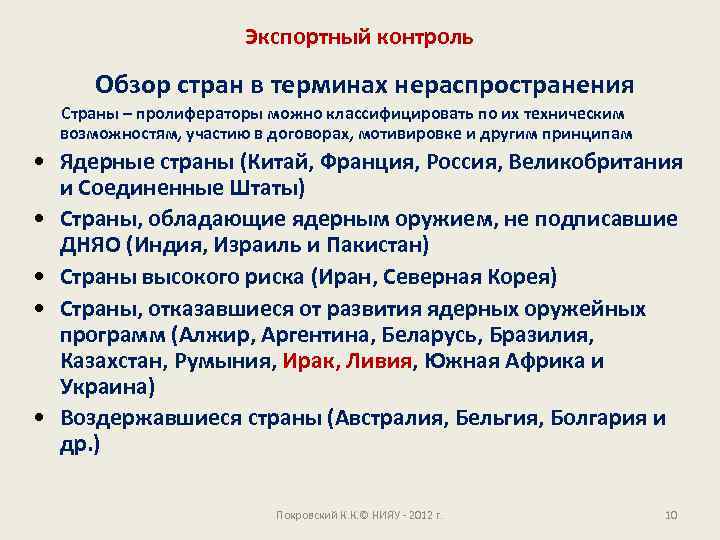 Экспортный контроль Обзор стран в терминах нераспространения Страны – пролифераторы можно классифицировать по их