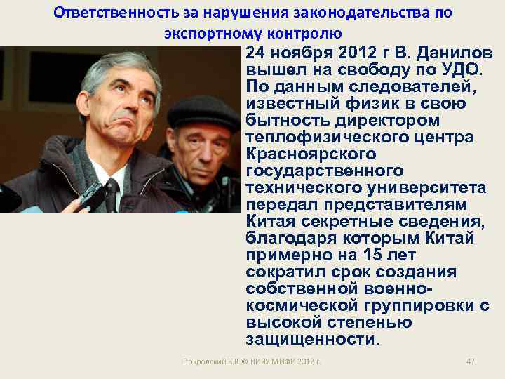 Ответственность за нарушения законодательства по экспортному контролю 24 ноября 2012 г В. Данилов вышел