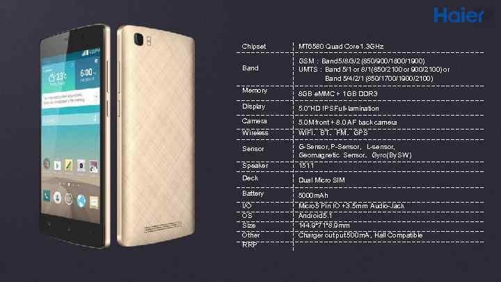 Chipset MT 6580 Quad Core 1. 3 GHz Band GSM：Band 5/8/3/2 (850/900/1800/1900) UMTS：Band 5/1