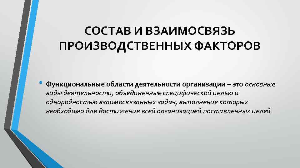 СОСТАВ И ВЗАИМОСВЯЗЬ ПРОИЗВОДСТВЕННЫХ ФАКТОРОВ • Функциональные области деятельности организации – это основные виды