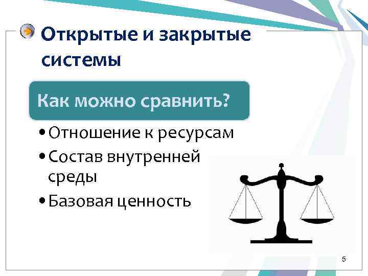 Открытые и закрытые системы Как можно сравнить? • Отношение к ресурсам • Состав внутренней