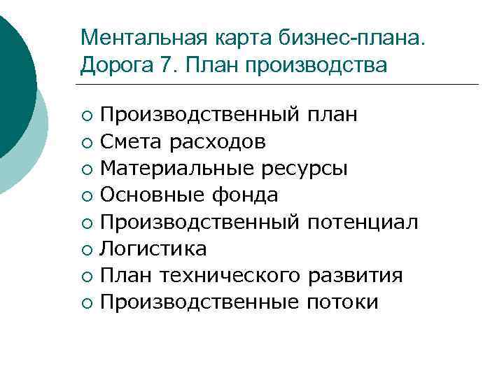 Ментальная карта бизнес-плана. Дорога 7. План производства Производственный план ¡ Смета расходов ¡ Материальные