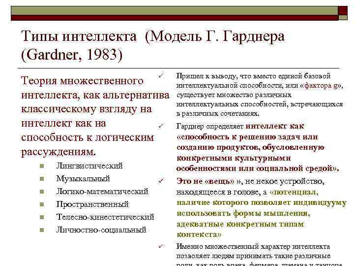 Типы интеллекта (Модель Г. Гарднера (Gardner, 1983) ü Теория множественного интеллекта, как альтернатива классическому