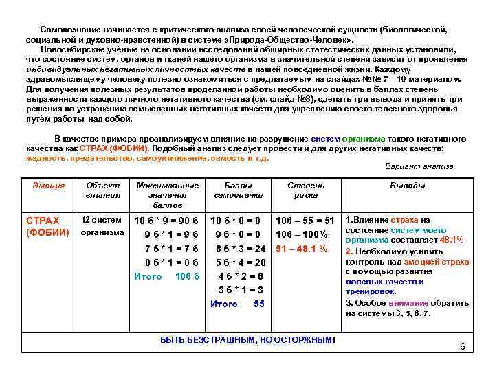 Самопознание начинается с критического анализа своей человеческой сущности (биологической, социальной и духовно-нравстенной) в системе