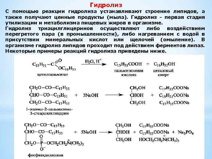 Гидролиз С помощью реакции гидролиза устанавливают строение липидов, а также получают ценные продукты (мыла).