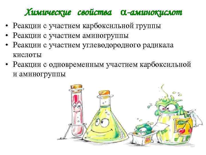 Химические свойства -аминокислот • Реакции с участием карбоксильной группы • Реакции с участием аминогруппы