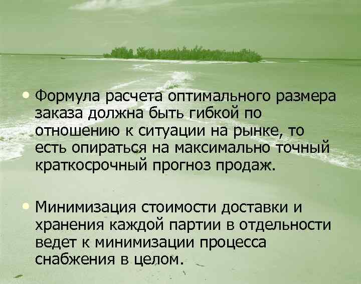  • Формула расчета оптимального размера заказа должна быть гибкой по отношению к ситуации