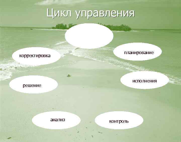 Цикл управления Постановка целей планирование корректировка исполнения решение анализ контроль 