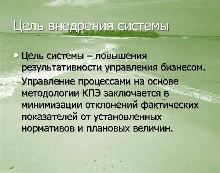 Цель внедрения системы • Цель системы – повышения результативности управления бизнесом. • Управление процессами