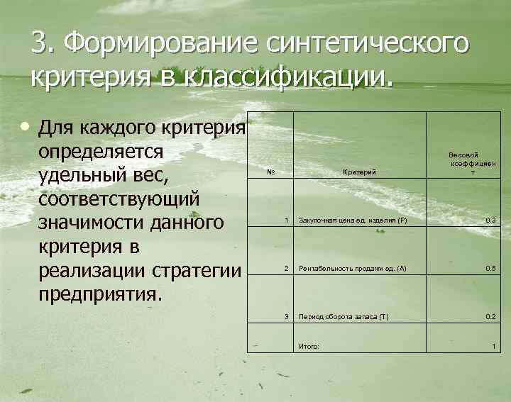 3. Формирование синтетического критерия в классификации. • Для каждого критерия определяется удельный вес, соответствующий