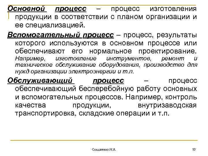 Основной процесс – процесс изготовления продукции в соответствии с планом организации и ее специализацией.