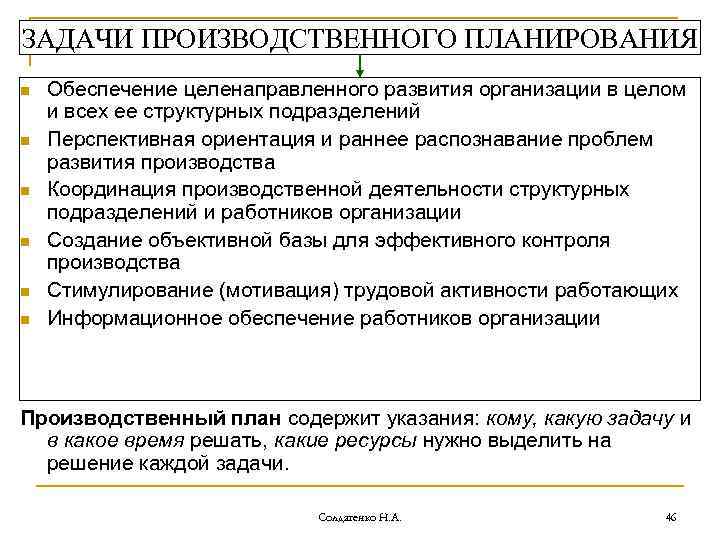 ЗАДАЧИ ПРОИЗВОДСТВЕННОГО ПЛАНИРОВАНИЯ n n n Обеспечение целенаправленного развития организации в целом и всех