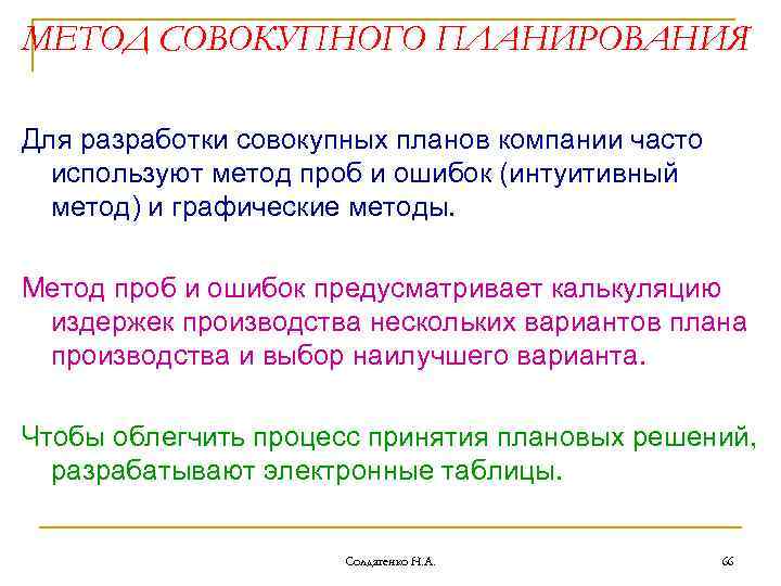 МЕТОД СОВОКУПНОГО ПЛАНИРОВАНИЯ Для разработки совокупных планов компании часто используют метод проб и ошибок