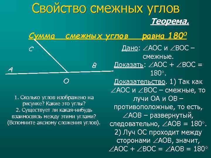 Cвойство смежных углов Теорема. Сумма смежных углов С B A О 1. Сколько углов