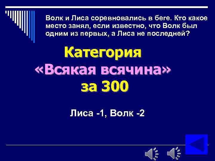 Волк и Лиса соревновались в беге. Кто какое место занял, если известно, что Волк