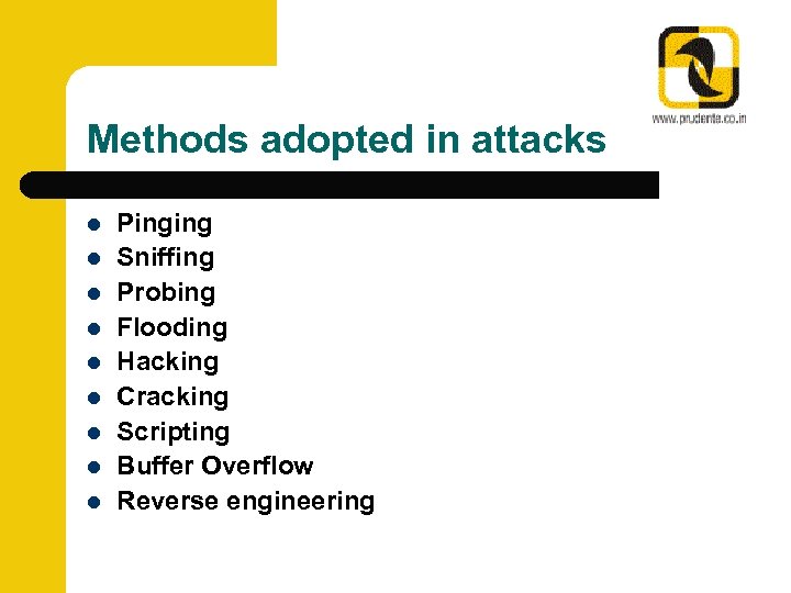 Methods adopted in attacks l l l l l Pinging Sniffing Probing Flooding Hacking