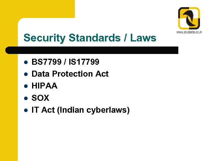 Security Standards / Laws l l l BS 7799 / IS 17799 Data Protection