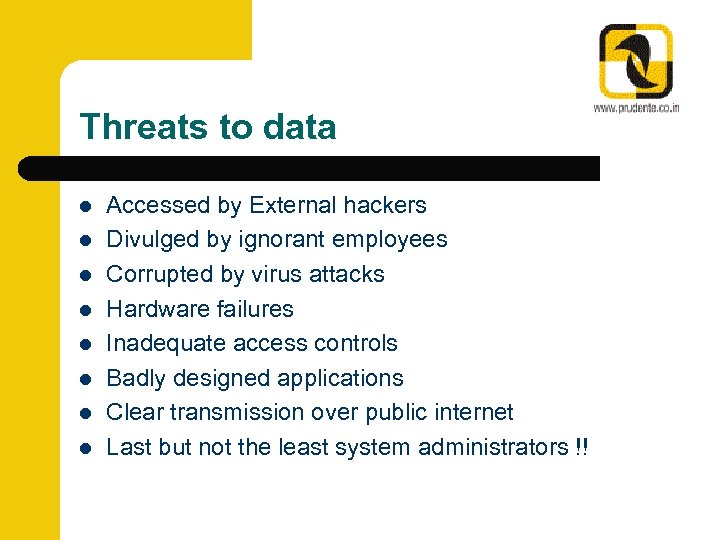 Threats to data l l l l Accessed by External hackers Divulged by ignorant