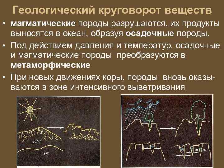 Геологический круговорот веществ • магматические породы разрушаются, их продукты выносятся в океан, образуя осадочные