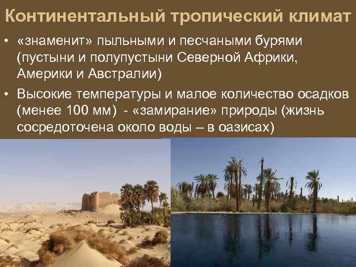 Континентальный тропический климат • «знаменит» пыльными и песчаными бурями (пустыни и полупустыни Северной Африки,