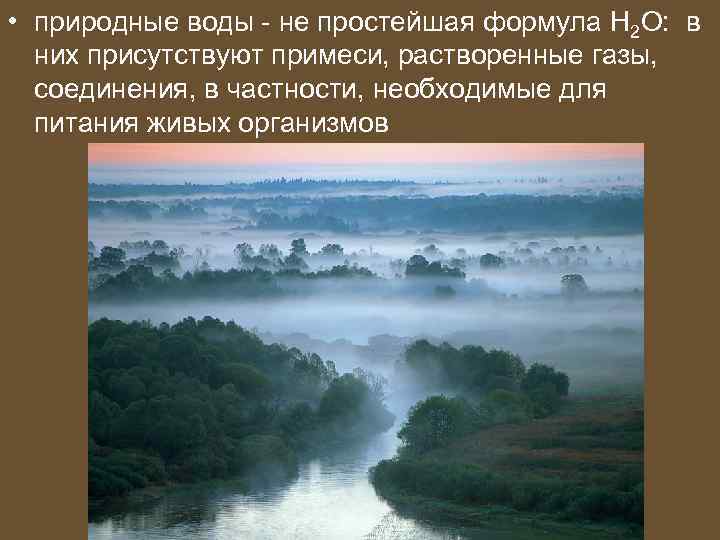  • природные воды - не простейшая формула H 2 O: в них присутствуют