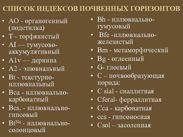 СПИСОК ИНДЕКСОВ ПОЧВЕННЫХ ГОРИЗОНТОВ • АО - органогенный (подстилка) • Т - торфянистый •