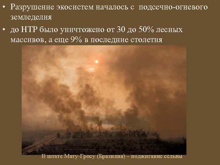  • Разрушение экосистем началось с подсечно-огневого земледелия • до НТР было уничтожено от