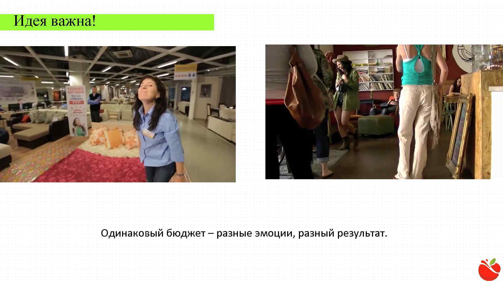 Идея важна! Одинаковый бюджет – разные эмоции, разный результат. 