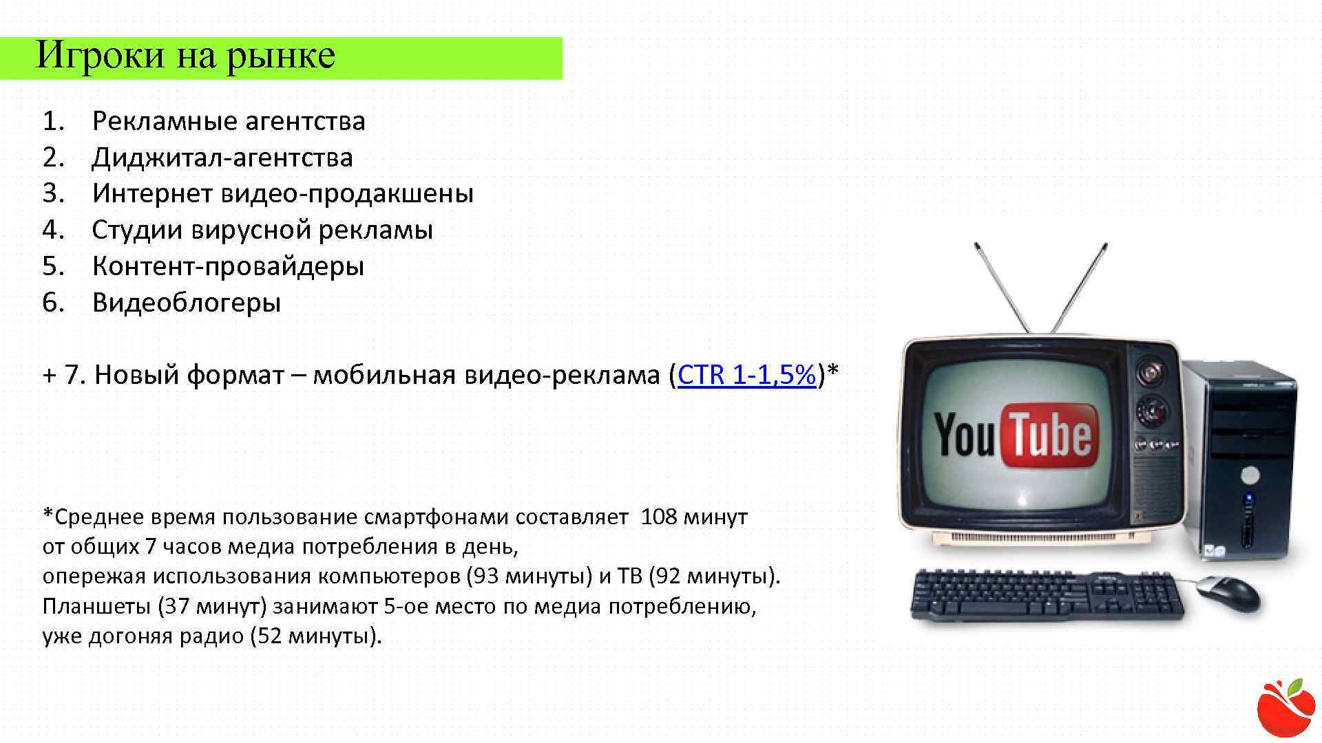 Игроки на рынке 1. Рекламные агентства 2. Диджитал-агентства 3. Интернет видео-продакшены 4. Студии вирусной