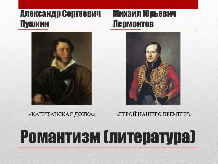 Александр Сергеевич Пушкин «КАПИТАНСКАЯ ДОЧКА» Михаил Юрьевич Лермонтов «ГЕРОЙ НАШЕГО ВРЕМЕНИ» Романтизм (литература) 