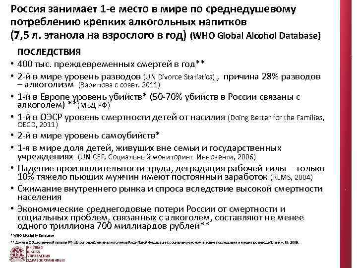 Россия занимает 1 -е место в мире по среднедушевому потреблению крепких алкогольных напитков (7,