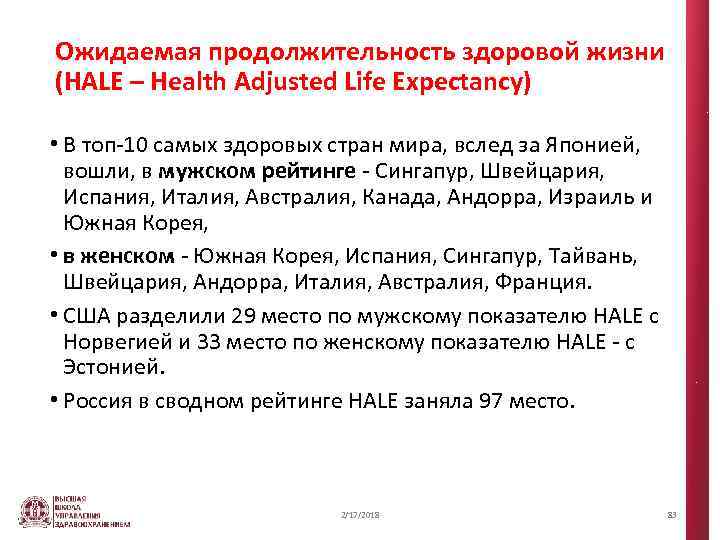 Ожидаемая продолжительность здоровой жизни (HALE – Health Adjusted Life Expectancy) • В топ-10 самых