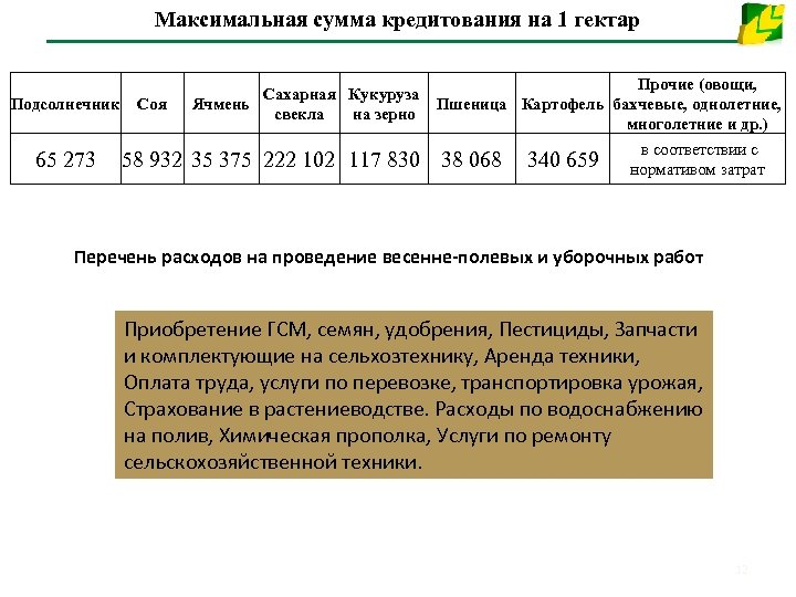 Максимальная сумма кредитования на 1 гектар Подсолнечник 65 273 Соя Сахарная Кукуруза Ячмень свекла