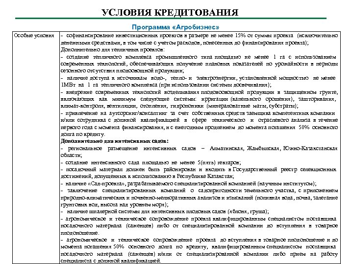 УСЛОВИЯ КРЕДИТОВАНИЯ Программа «Агробизнес» Особые условия - софинансирование инвестиционных проектов в размере не менее