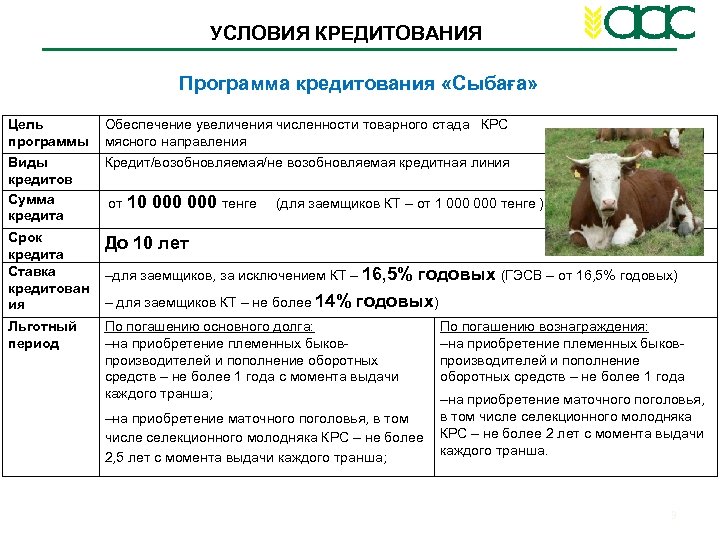 УСЛОВИЯ КРЕДИТОВАНИЯ Программа кредитования «Сыбаға» Цель программы Обеспечение увеличения численности товарного стада КРС мясного