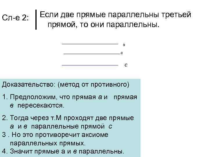 Сл-е 2: Если две прямые параллельны третьей прямой, то они параллельны. а в с